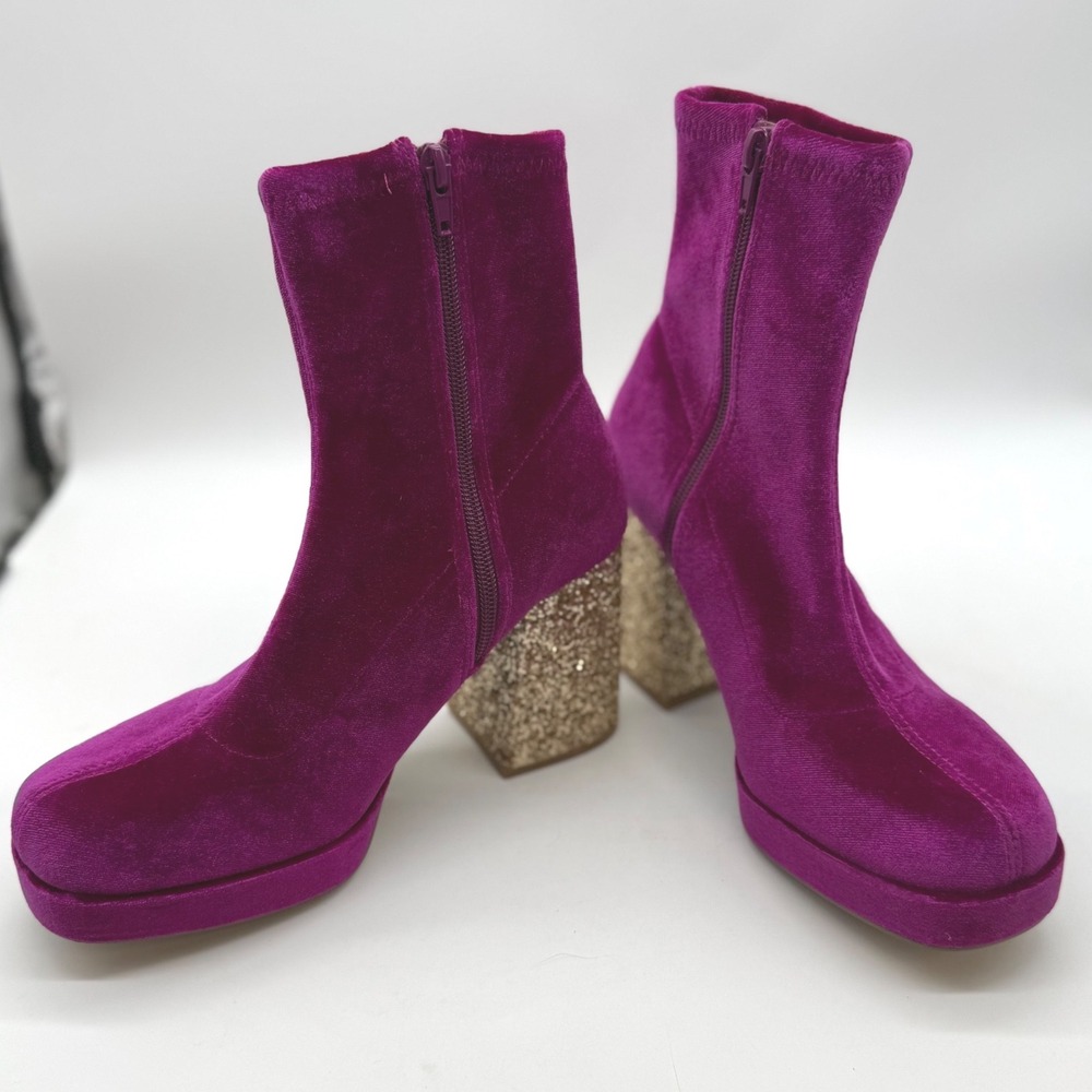Betsey Johnson Matcha Purple Velvet Gold Glitter Platform Boots 7.5M Glam Y2K